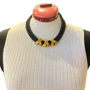 Vintage Black Silk Rope Necklace with Gold Criss Cross